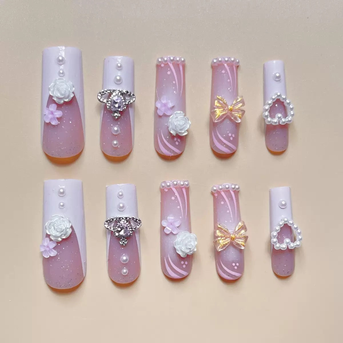 Valentine’s Day Pink Bow White Camellia Pearl Heart French Press-On Nails