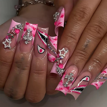 Sweet & Spicy Girl Style Cartoon Shark Teeth with Eyes, Glittering Cross and Rhinestone Press-On Nails