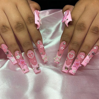 Valentine’s Day French Barbie Pink Rhinestone Bow, Star, Pearl & Heart Press-On Nails