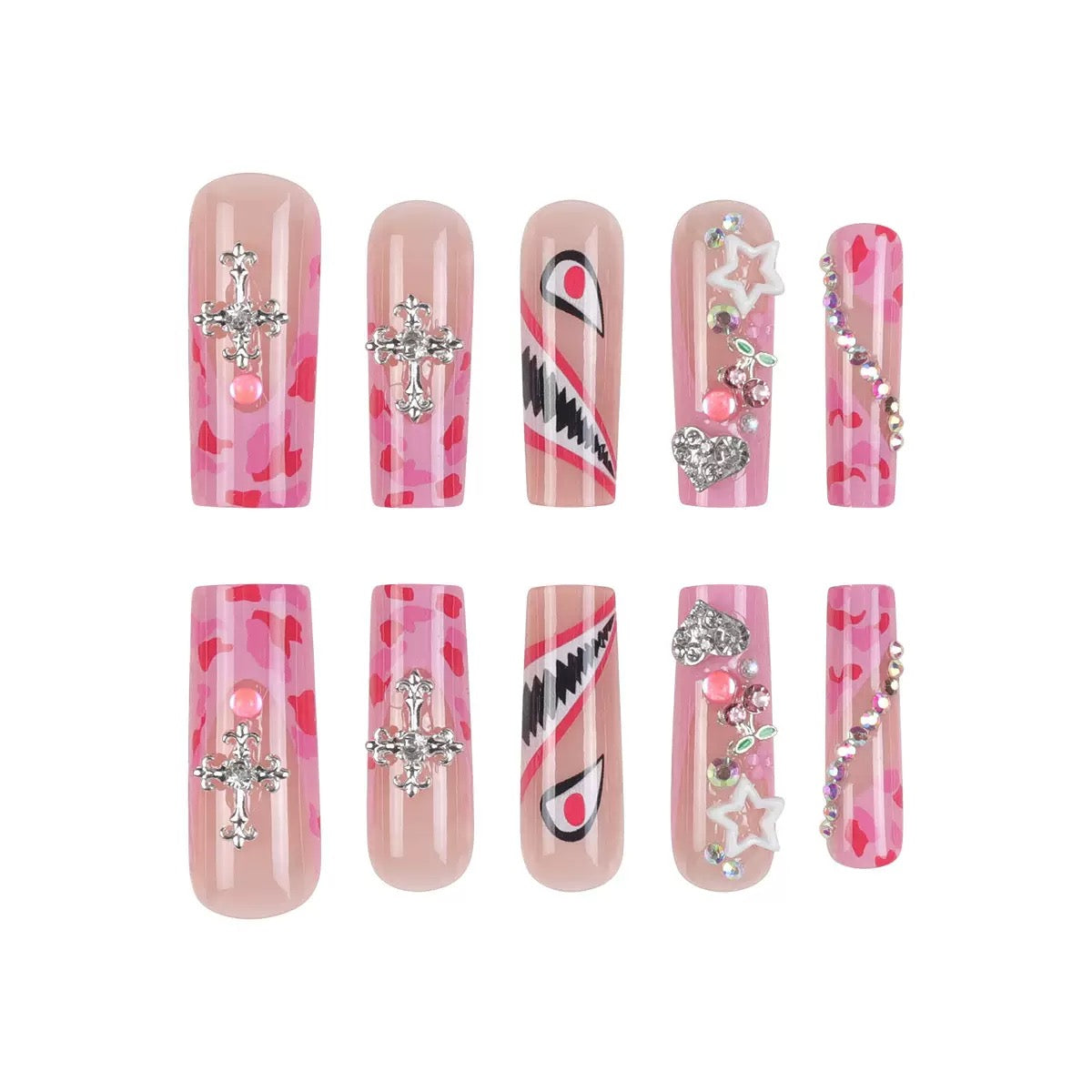 Sweet & Spicy Girl Style Cartoon Shark Teeth with Eyes, Glittering Cross and Rhinestone Press-On Nails