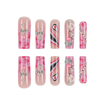 Sweet & Spicy Girl Style Cartoon Shark Teeth with Eyes, Glittering Cross and Rhinestone Press-On Nails