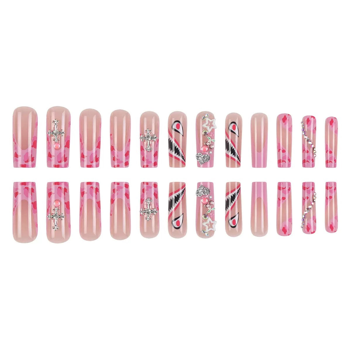 Sweet & Spicy Girl Style Cartoon Shark Teeth with Eyes, Glittering Cross and Rhinestone Press-On Nails