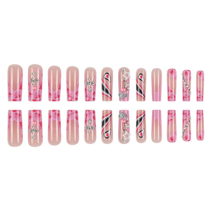 Sweet & Spicy Girl Style Cartoon Shark Teeth with Eyes, Glittering Cross and Rhinestone Press-On Nails