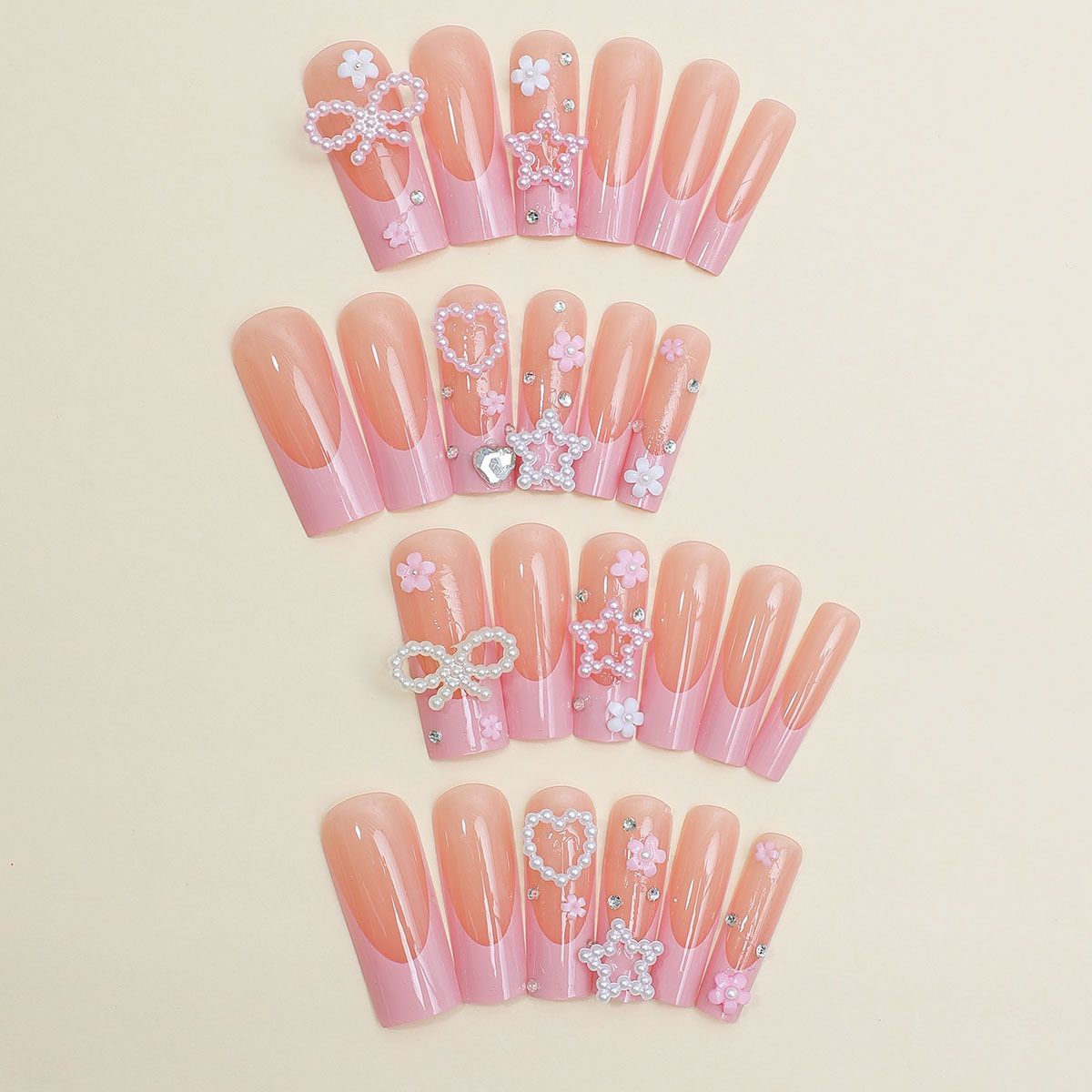 Valentine’s Day French Barbie Pink Rhinestone Bow, Star, Pearl & Heart Press-On Nails