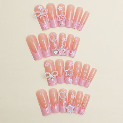 Valentine’s Day French Barbie Pink Rhinestone Bow, Star, Pearl & Heart Press-On Nails