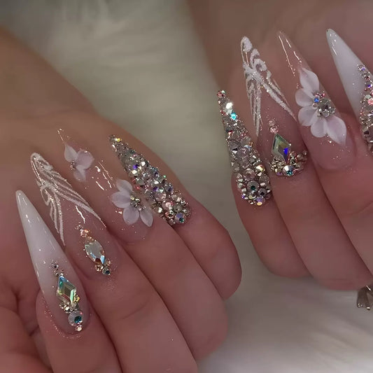 Radiant Finished Press-On Nails with Flower and Sparkling Rhinestones