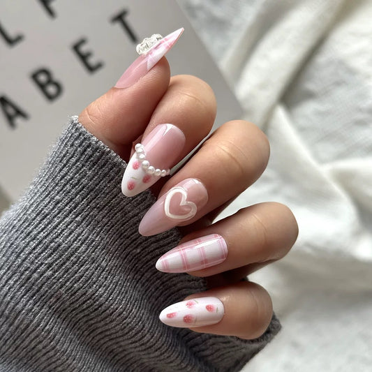 Valentine’s Day Pastel Pink Almond-Shaped 3D Heart, Strawberry & Plaid Gentle Sweet Press-On Nails