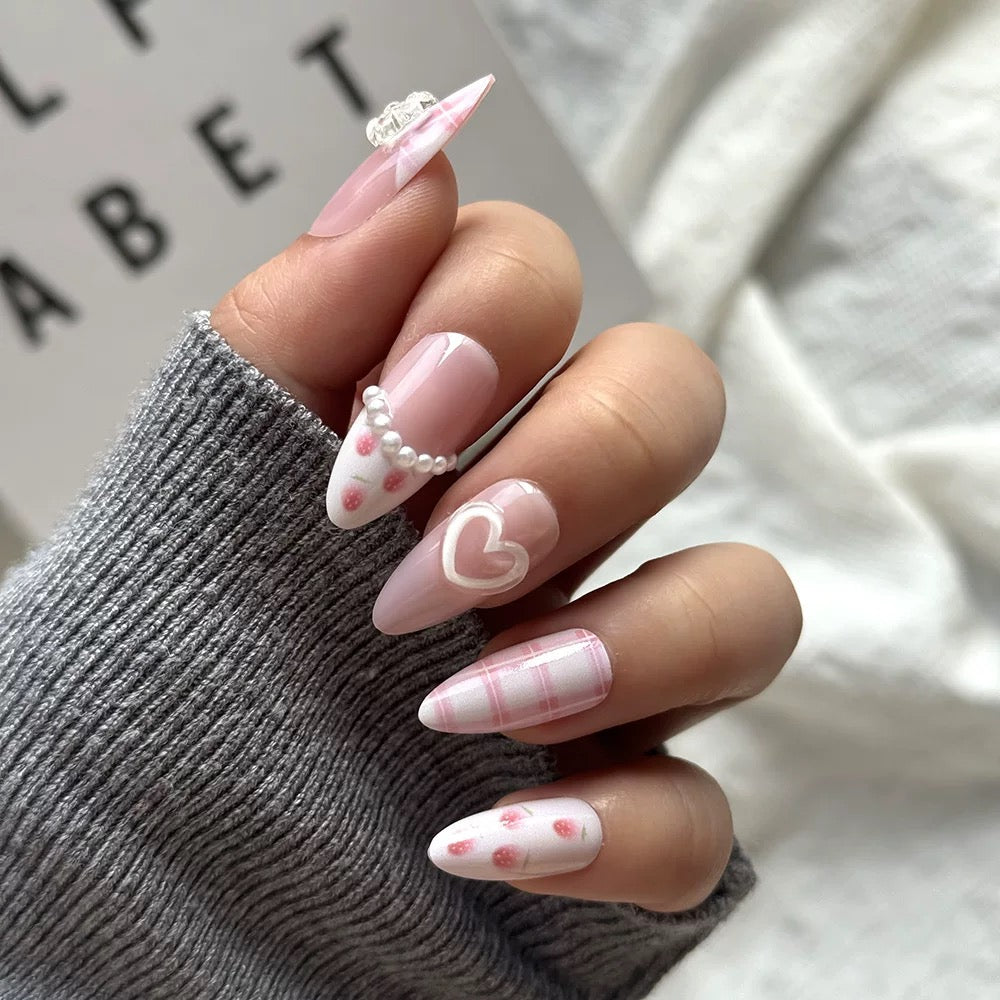 Valentine’s Day Pastel Pink Almond-Shaped 3D Heart, Strawberry & Plaid Gentle Sweet Press-On Nails