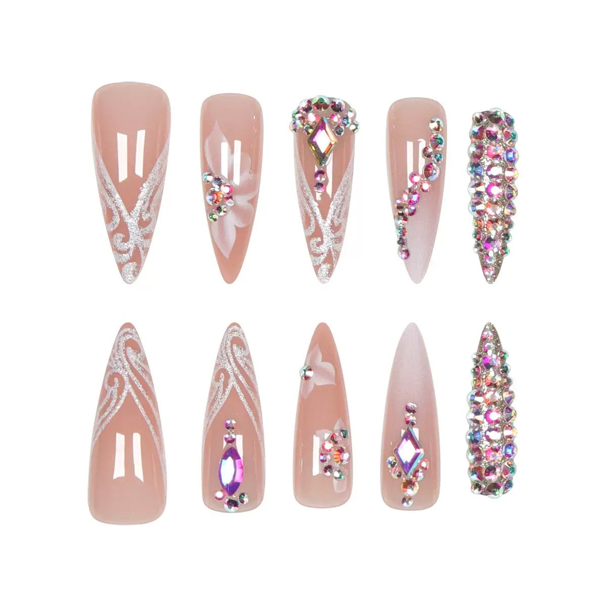 Radiant Finished Press-On Nails with Flower and Sparkling Rhinestones