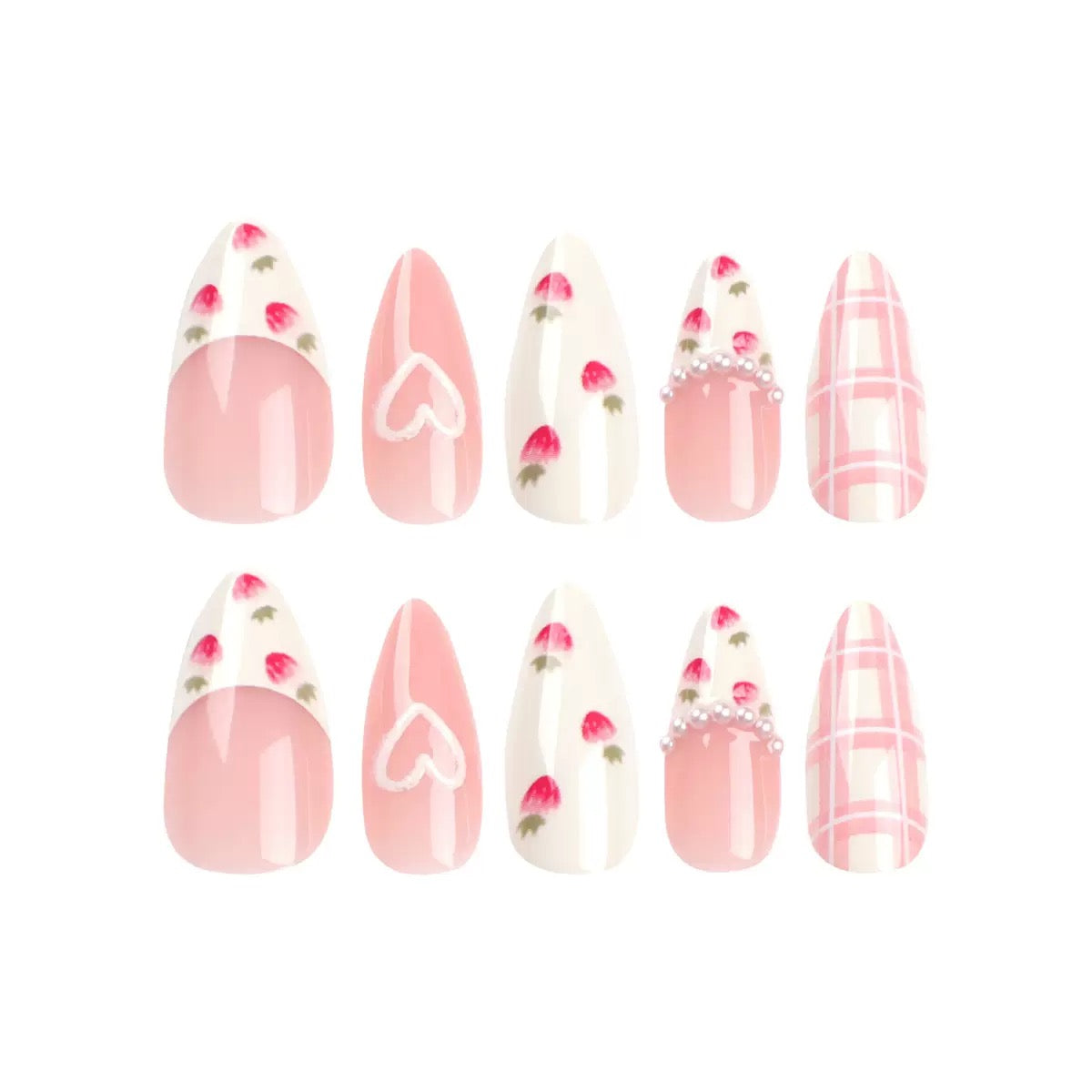 Valentine’s Day Pastel Pink Almond-Shaped 3D Heart, Strawberry & Plaid Gentle Sweet Press-On Nails