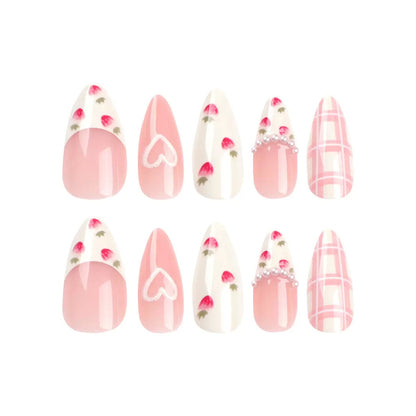 Valentine’s Day Pastel Pink Almond-Shaped 3D Heart, Strawberry & Plaid Gentle Sweet Press-On Nails