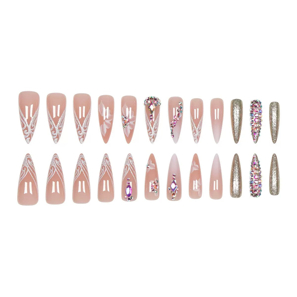 Radiant Finished Press-On Nails with Flower and Sparkling Rhinestones