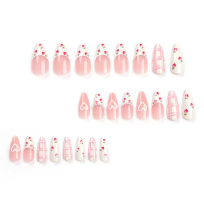 Valentine’s Day Pastel Pink Almond-Shaped 3D Heart, Strawberry & Plaid Gentle Sweet Press-On Nails