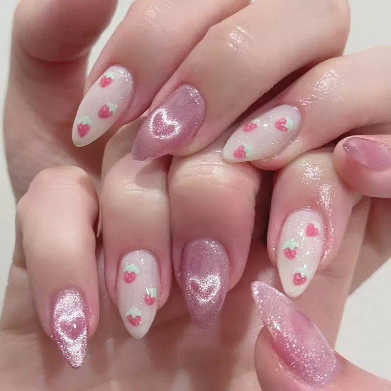 Valentine’s Day Sweet Light-Chasing Cat Eye Cute Strawberry Heart Almond Press-On Nails