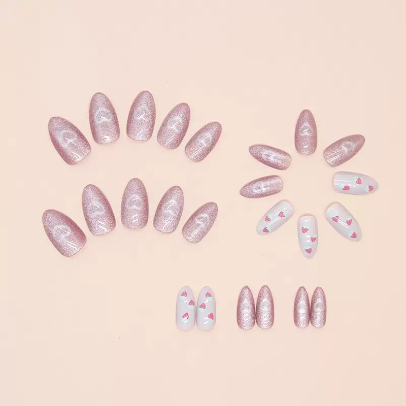 Valentine’s Day Sweet Light-Chasing Cat Eye Cute Strawberry Heart Almond Press-On Nails