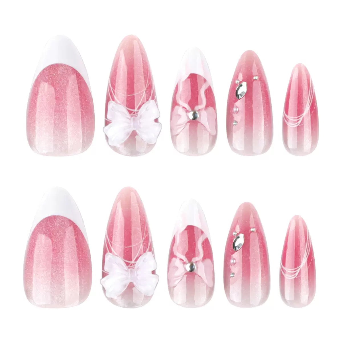 3D Cat Eye Icy Glazed Striped Bow French Blush Sweet Almond Press-On Nails