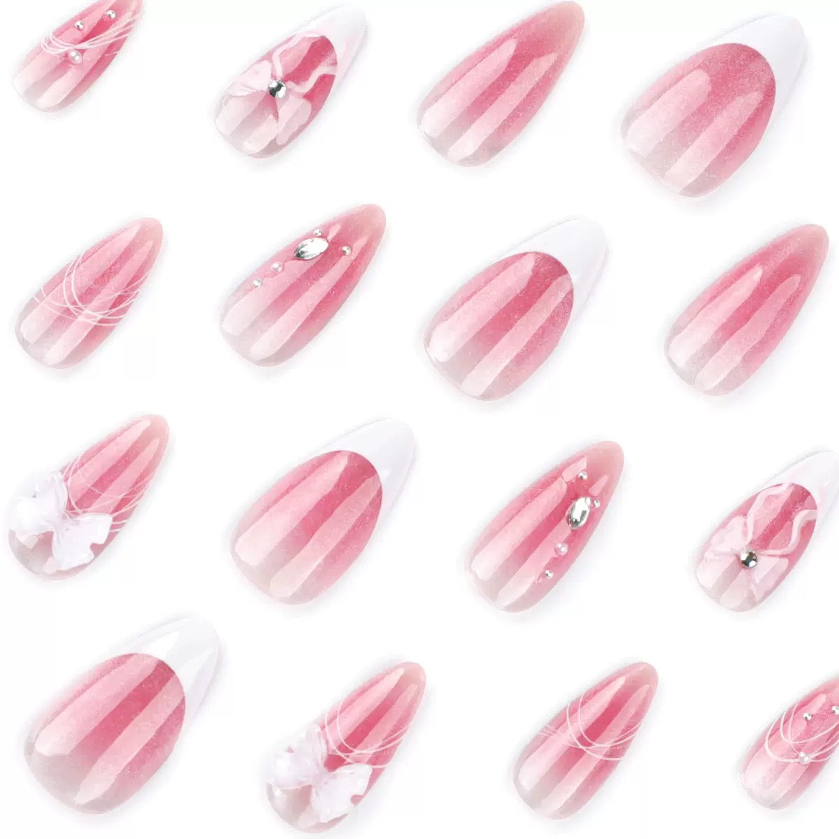 3D Cat Eye Icy Glazed Striped Bow French Blush Sweet Almond Press-On Nails
