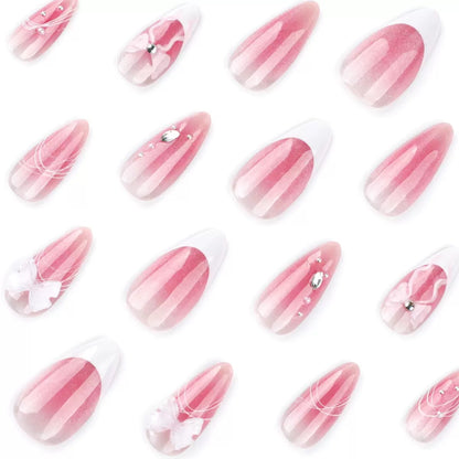 3D Cat Eye Icy Glazed Striped Bow French Blush Sweet Almond Press-On Nails